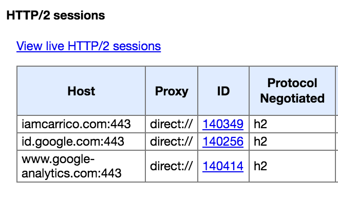 The screen showing your HTTP/2 connections in Chrome