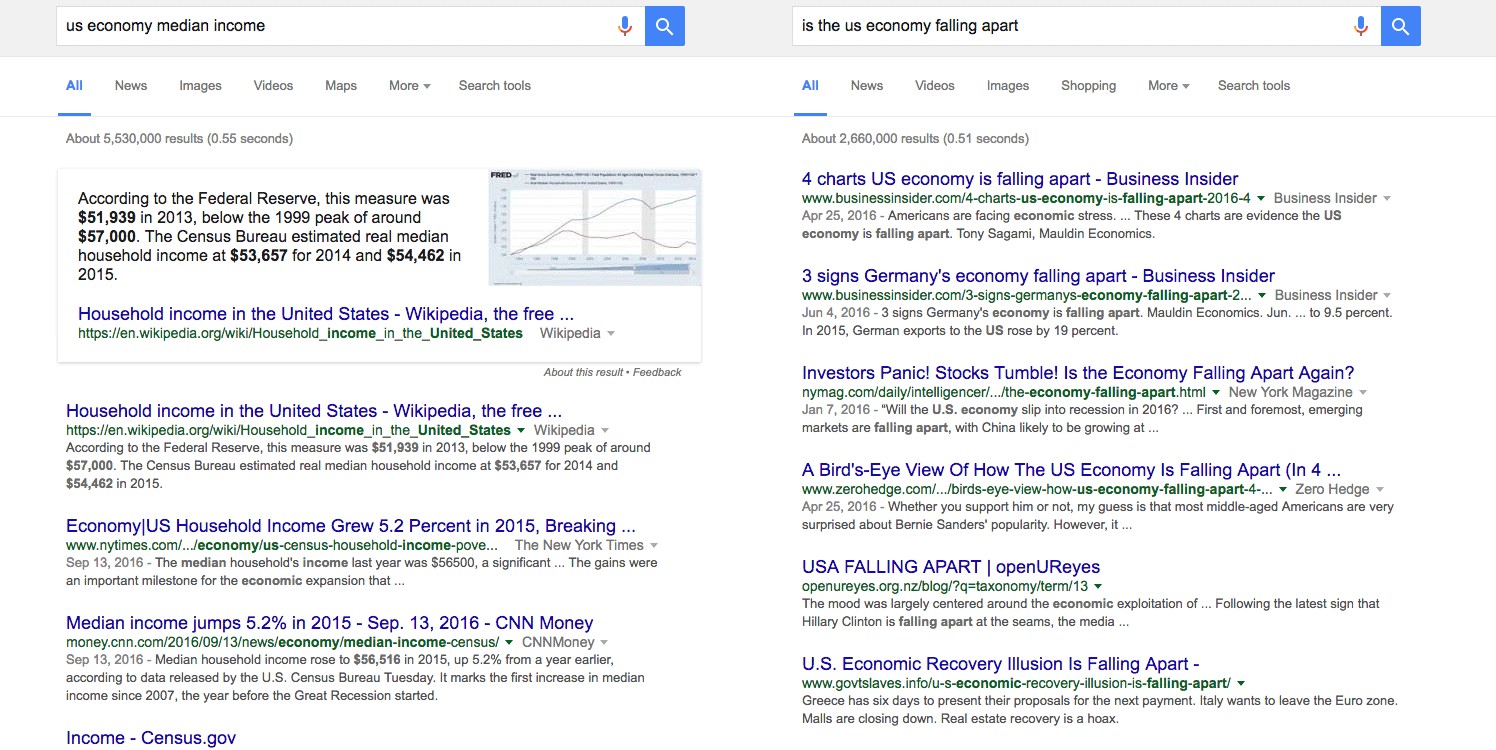 Side-by-side comparison of biased vs unbiased search results